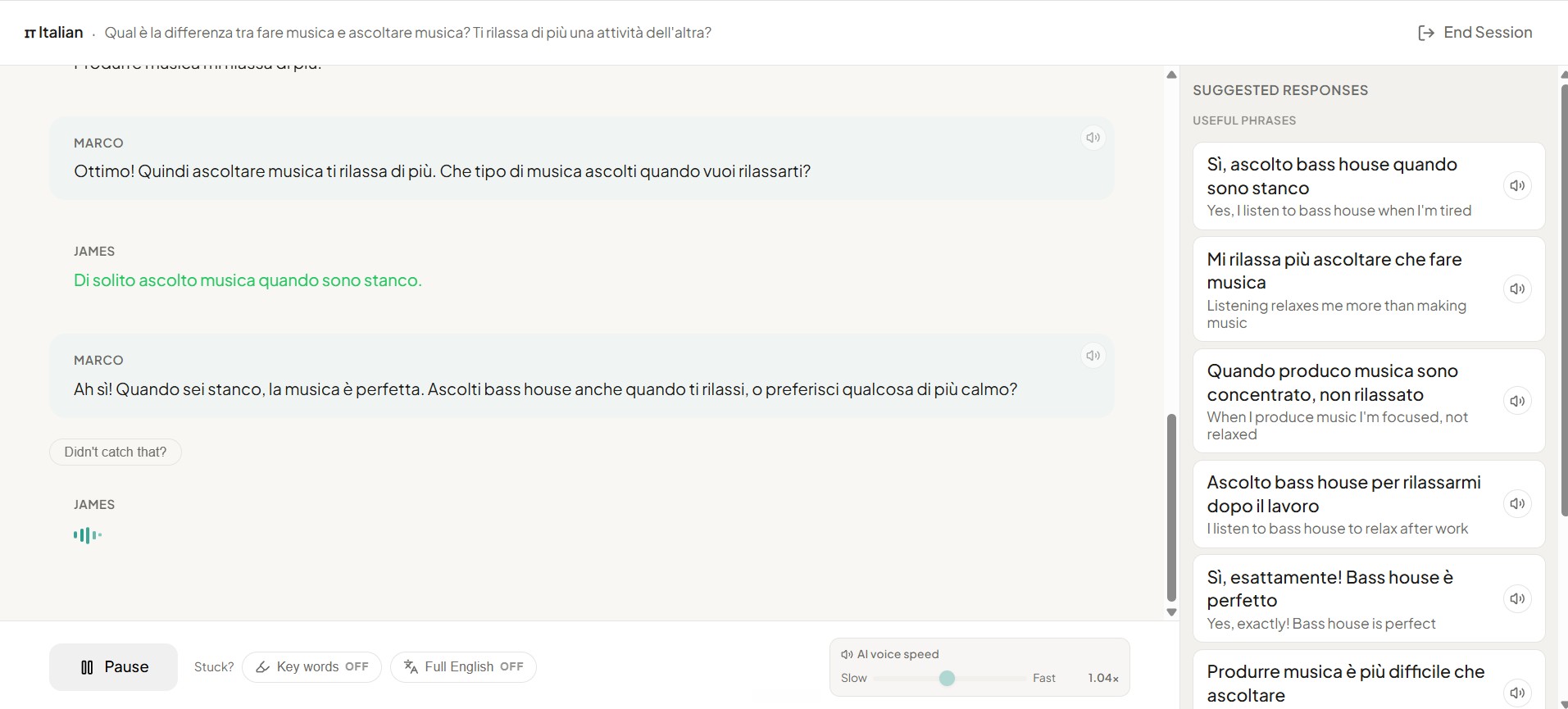 Live conversation with AI partner and a suggested phrases panel on the right